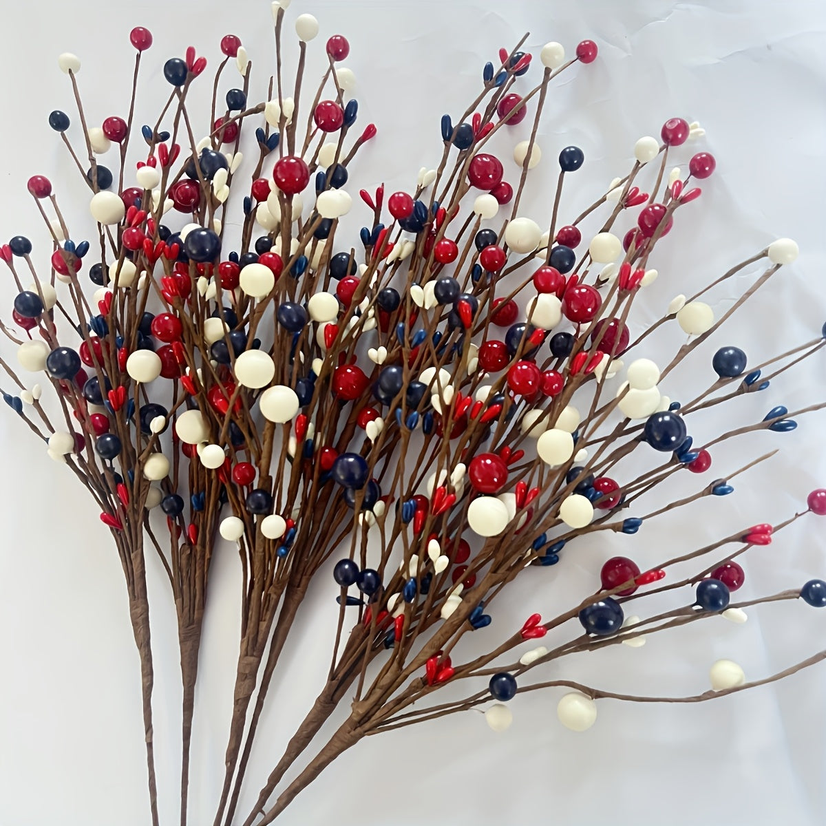Patriotic Artificial Berry Branches – Set of 5 Red White & Blue Fake Berry Stems for Independence Day, Memorial Day, 4th of July Tabletop & Home Decor, Plastic Floral Picks