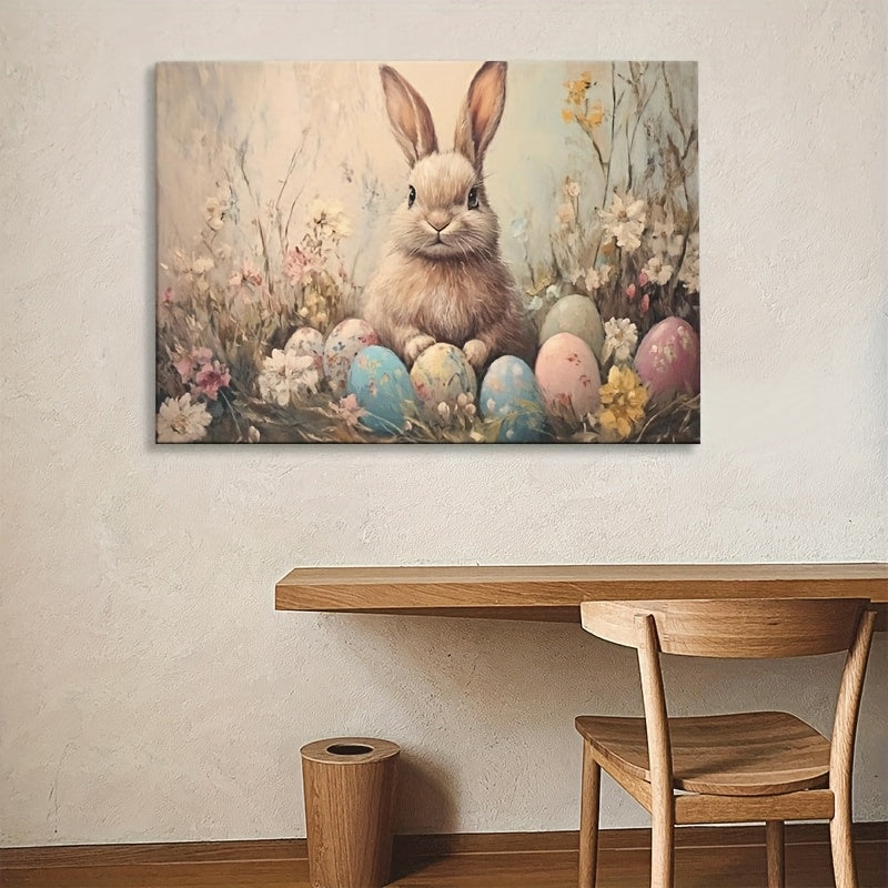 Easter Bunny Canvas Wall Art – Vintage Framed Oil Painting Print, Charming Bunny Rabbit Decor for Living Room Bedroom, Unique Easter Gift for Home