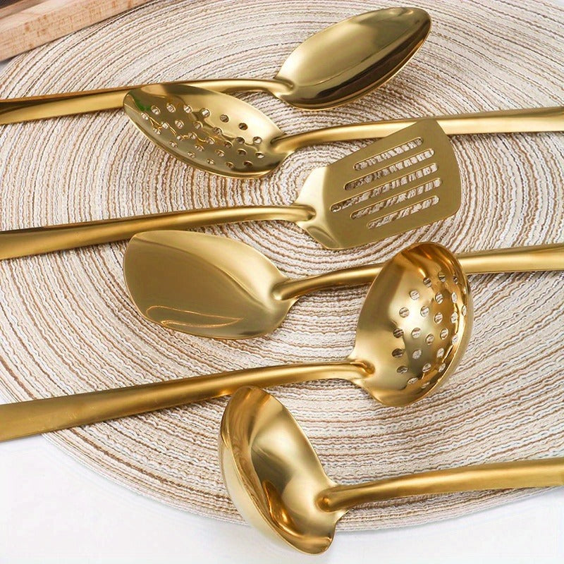 6-Piece Korean Style Stainless Steel Kitchen Utensil Set Golden Plated Cooking Spoons Frying Spatulas Hot Pot Clips with Filters