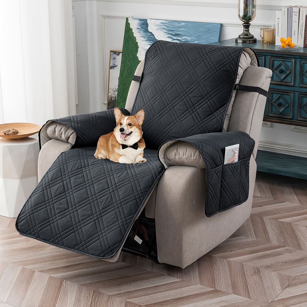 Waterproof Recliner Cover Pet Scratch-Resistant, 5-Layer Quilted Non-Slip Recliner Chair Slipcover with Pocket & Elastic Straps, Easy-Care Polyester Furniture Protector for Living Room, Bedroom & Office, Coffee/Gray