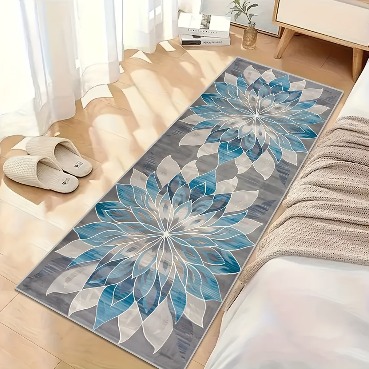 Runner Rug for Hallway Entryway Staircase - Floral European Lotus Pattern, Anti-Slip Machine Washable Long Corridor Mat, 3 Sizes, Teal Grey