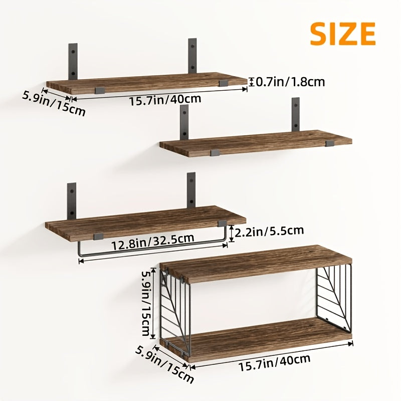 Floating Shelves Over Toilet 3/4 Piece Set – Farmhouse Wood Wall-Mounted Bathroom Shelf for Toilet Paper Storage, Small Bathroom Organizer in Black & Brown