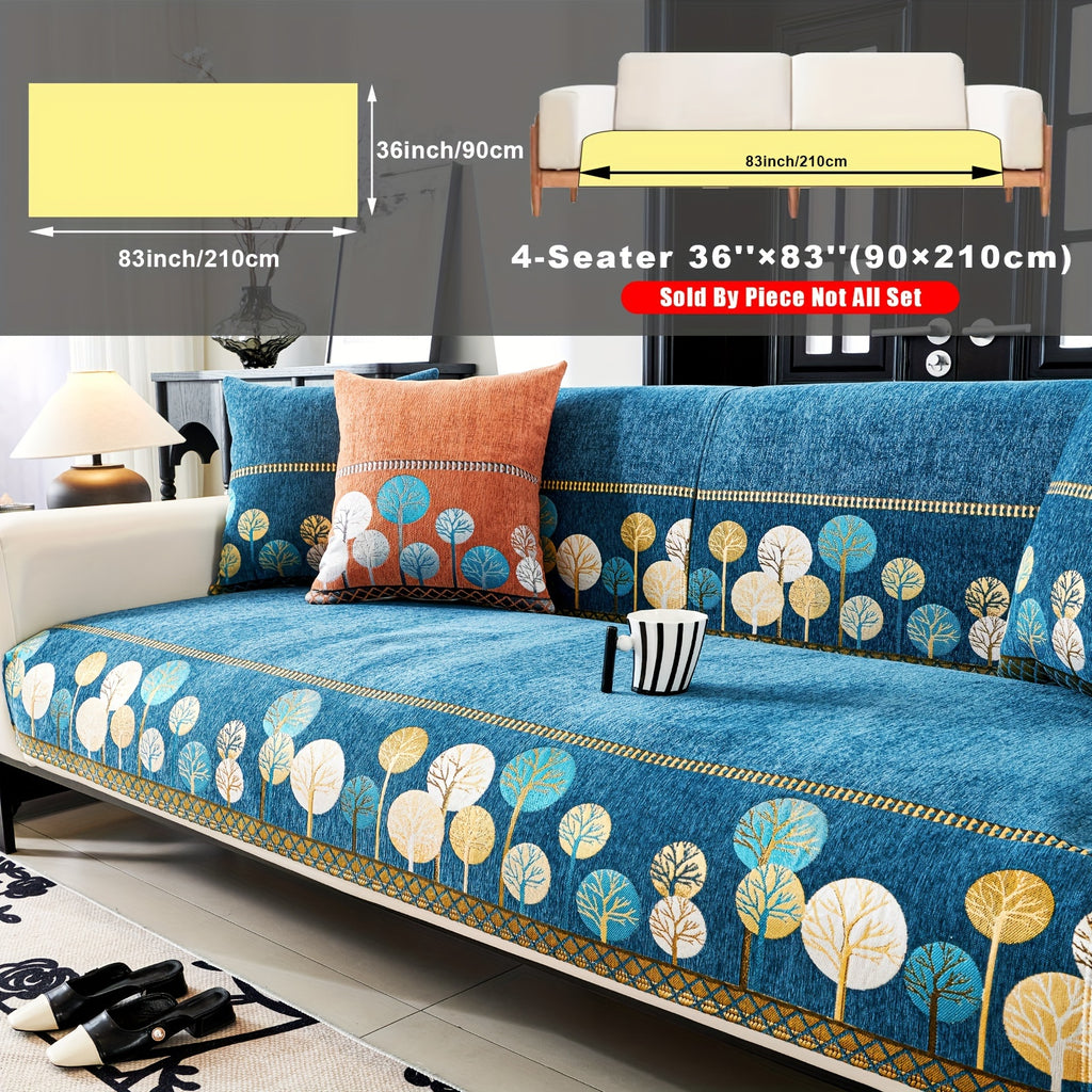Bohemian Chenille Sofa Cover Tree Embroidery Print Thick Non-Slip Pet Friendly One-Piece Couch Protector Armchair Loveseat 3 4 Seater
