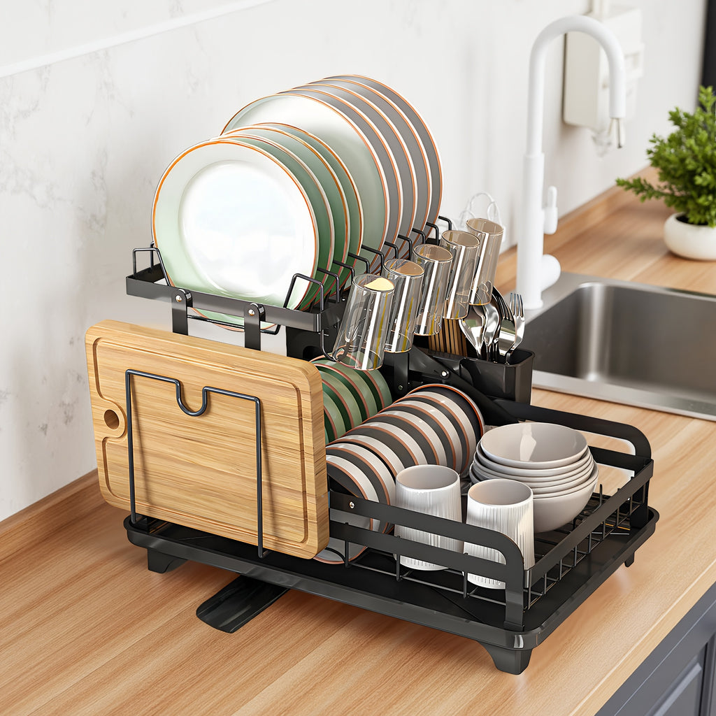 2-Tier Dish Drying Rack with Drainboard – Large Carbon Steel Dish Drainer with Glass & Utensil Holders, Drying Mat, Rust-Resistant, for Kitchen Countertop – Foldable & Double Layer Options