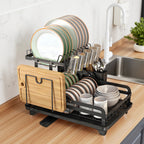 2-Tier Dish Drying Rack with Drainboard – Large Carbon Steel Dish Drainer with Glass & Utensil Holders, Drying Mat, Rust-Resistant, for Kitchen Countertop – Foldable & Double Layer Options