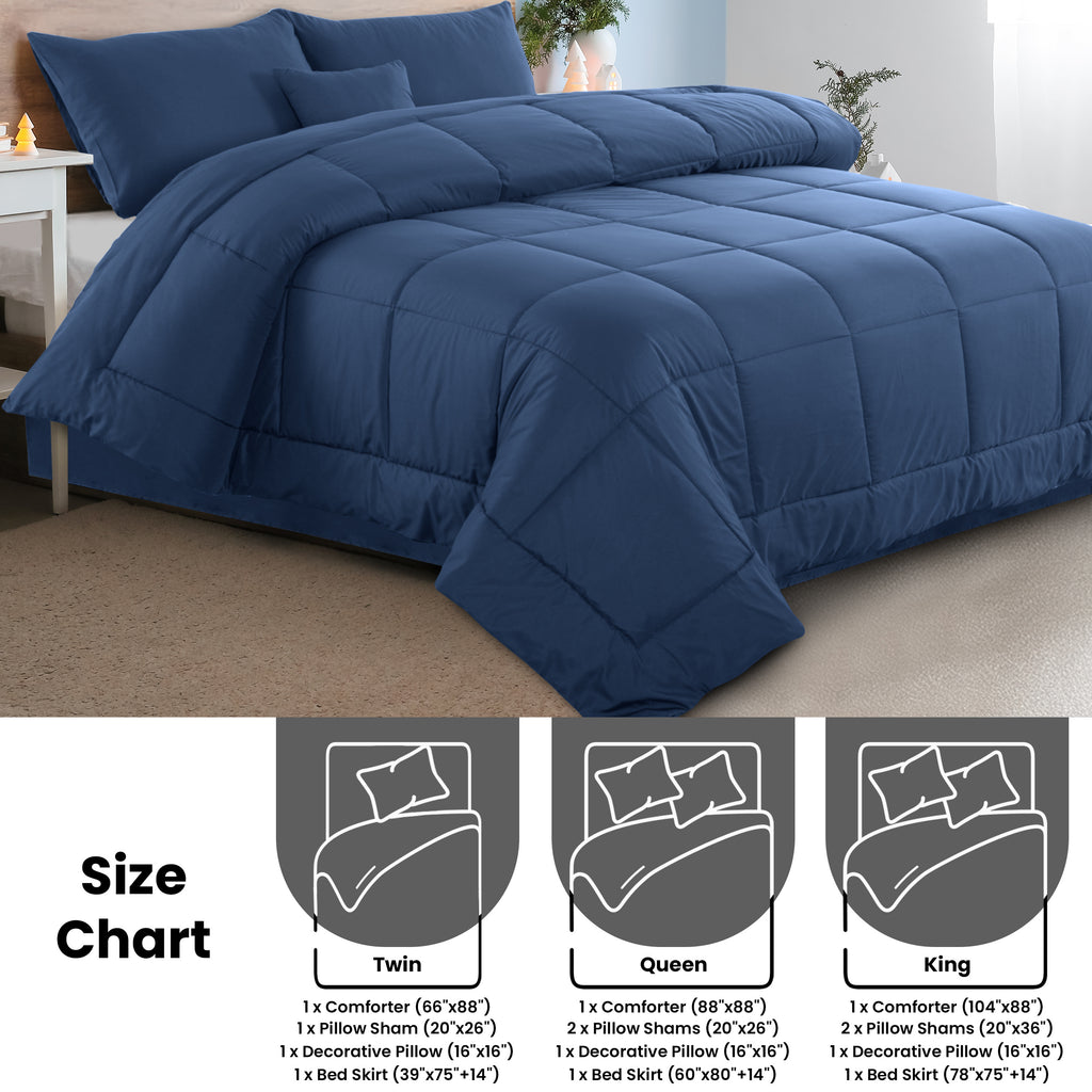 5-Piece Comforter Set – Reversible Quilted Down Alternative Bedding Set with Pillow Shams, Bed Skirt & Cushion | All Season | Twin, Queen, King
