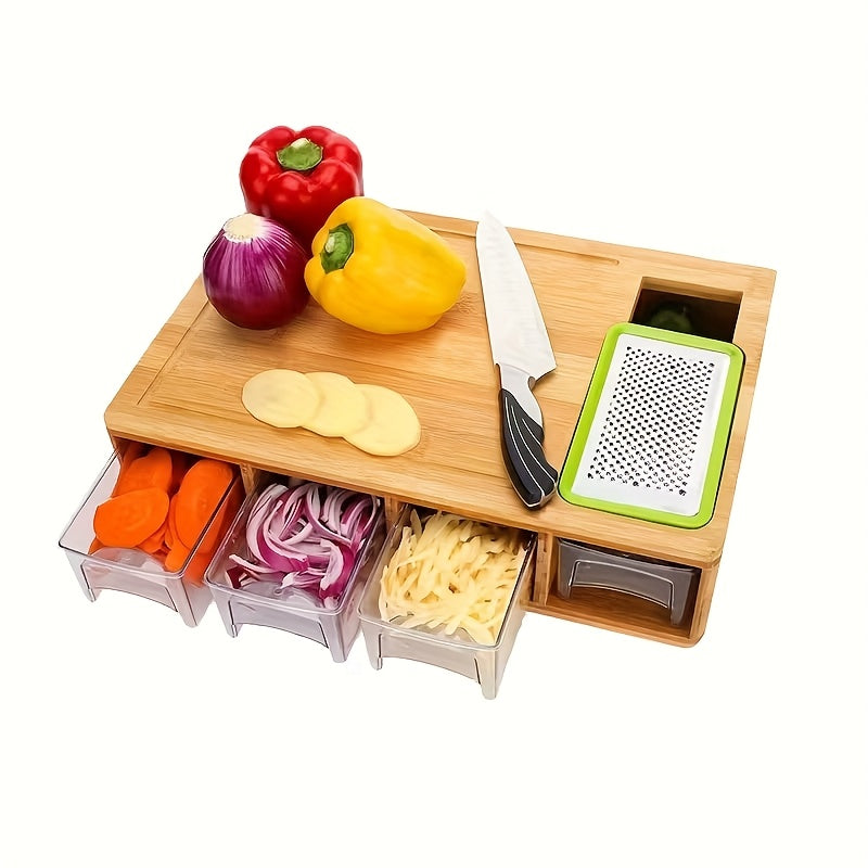 Bamboo Cutting Board with Food Container, Cheese Shredder & Juice Tank – All-in-One Wooden Carving Board for Vegetables, Meat & Cheese – Easy Grip Handle, Kitchen Prep Board