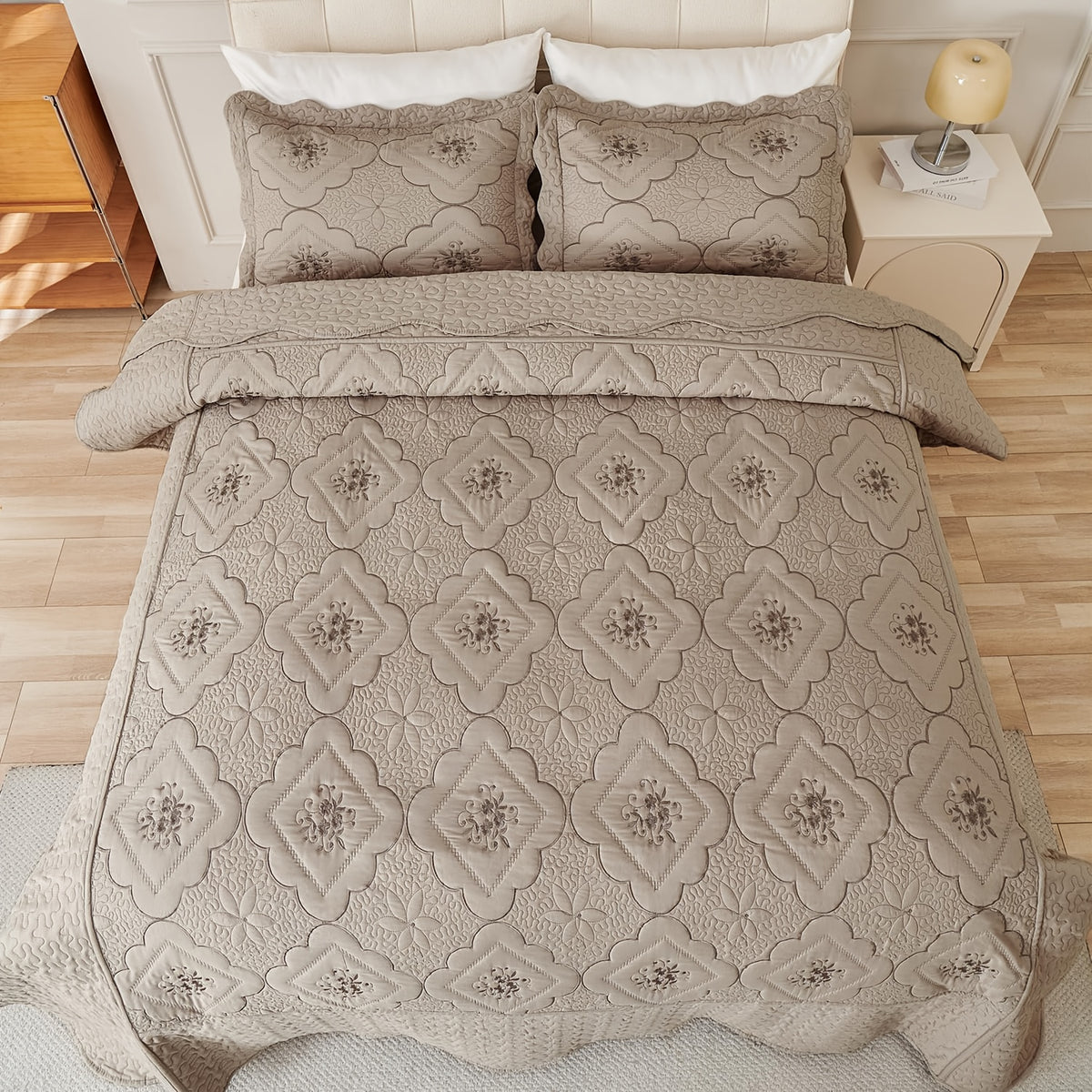 Quilted Embroidered Bedspread Set 3 Pcs – Floral Embroidery, 100% Polyester, Wrinkle-Resistant Lightweight Coverlet for Queen & King Bedroom Decor, 16 Colors