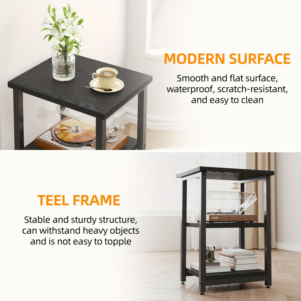 3-Tier Nightstand Side Table – Heavy Duty Steel Frame End Table for Bedroom Living Room Office Bathroom, Classic Black, 13.4"x11.8"x22.8"