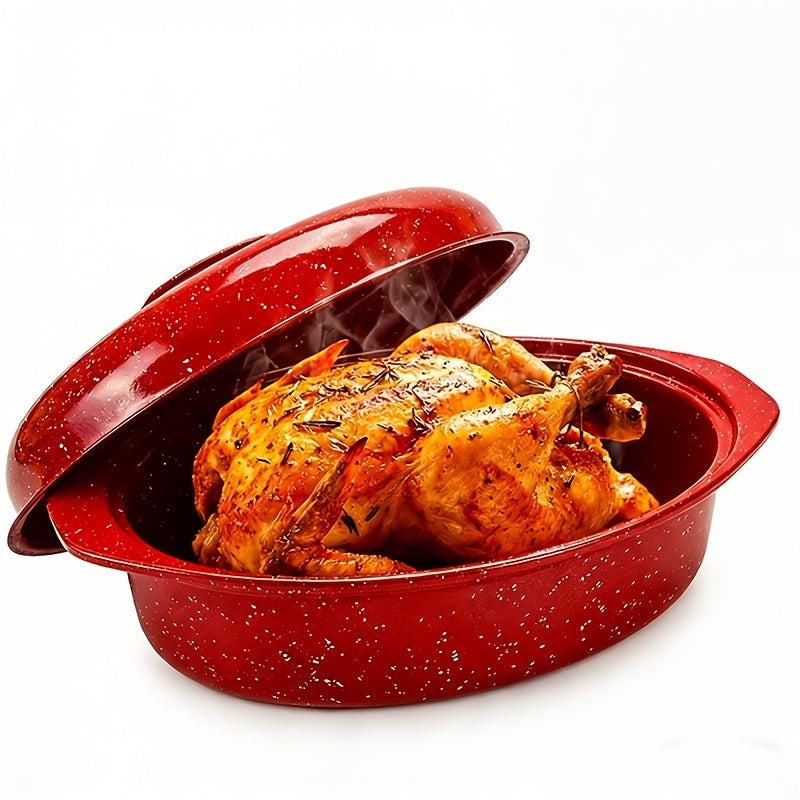 Oval Enamel Dutch Oven with Lid - Heavy Duty Cast Iron Roasting Pan for Turkey, Chicken, Meat & Vegetables, Stewing, Baking & Soup Making, Red, Perfect Christmas Holiday Gift