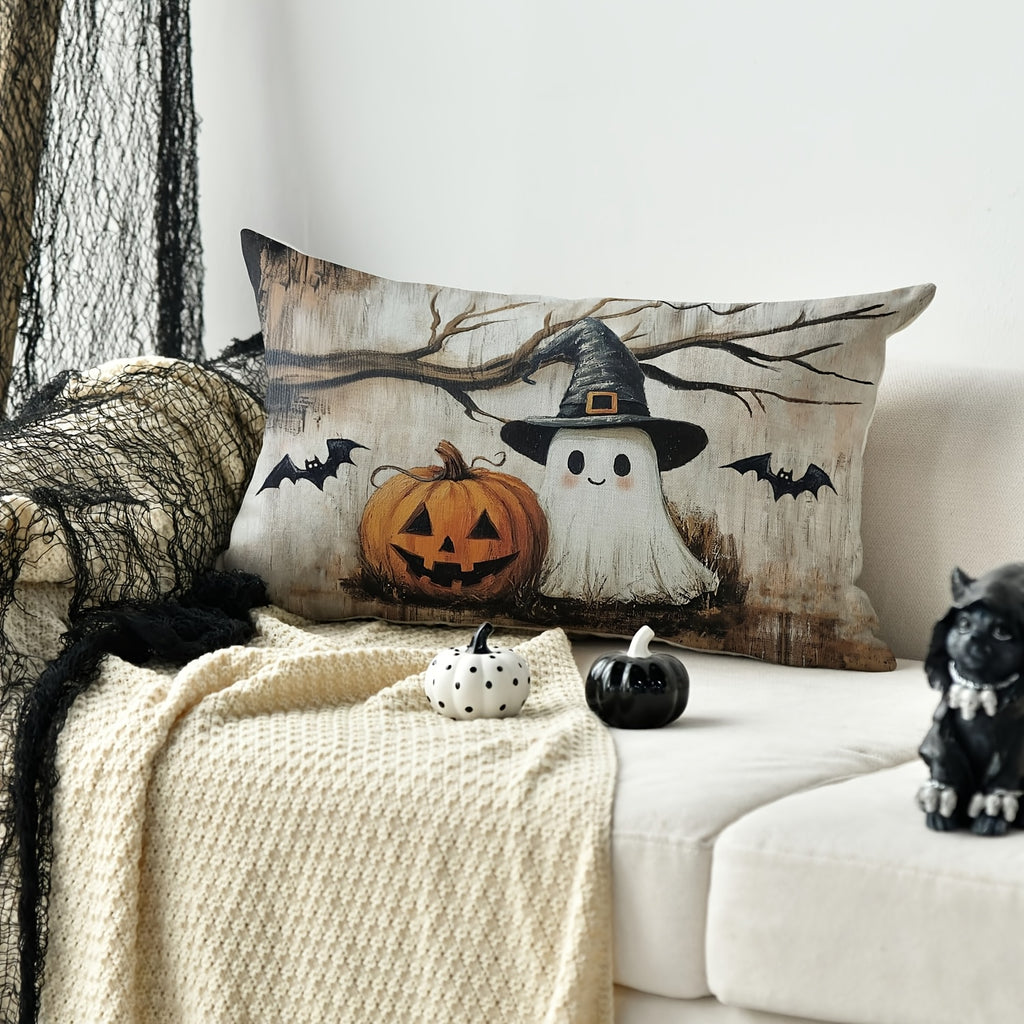 Halloween Ghost Pumpkin Lumbar Throw Pillow Cover 12x20 Inch – Farmhouse Spooky Bat Dead Tree Cushion Case, Single Sided Print, Sofa Couch Halloween Decor, 1pc