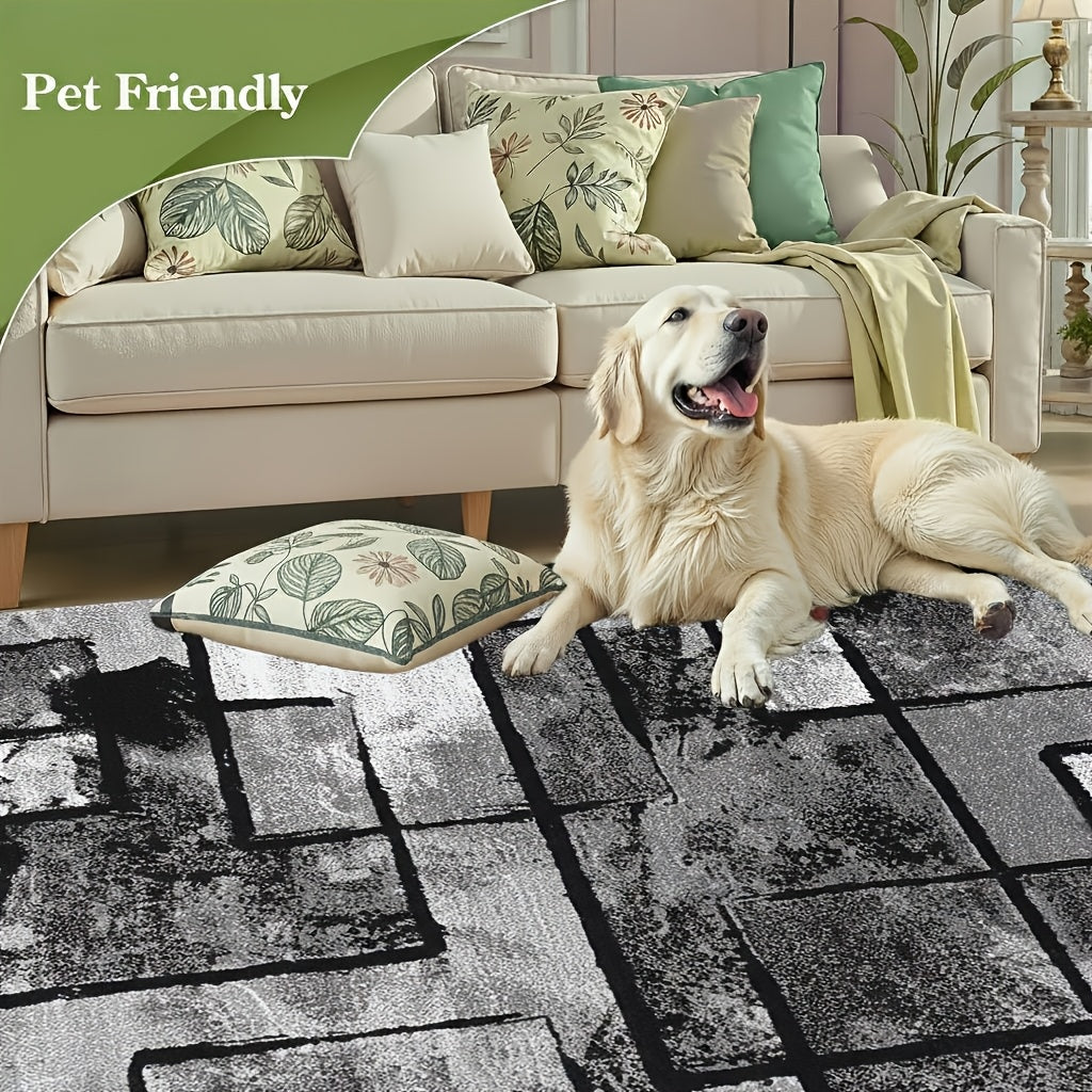 Luxury Velvet Area Rug Non-Slip Machine Washable, Geometric Print Fluffy Polyester Carpet for Living Room Bedroom Kitchen, 7 Sizes Available
