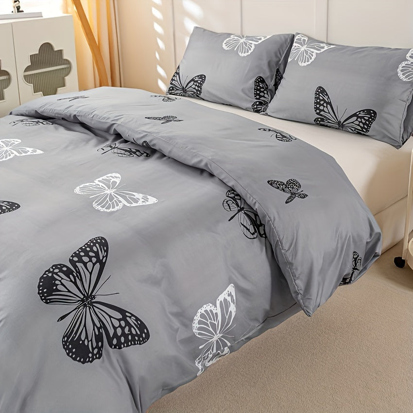 Gray Butterfly Print Duvet Cover Set 3pcs Black White Butterfly Quilt Cover with Pillowcases Twin Full Queen King