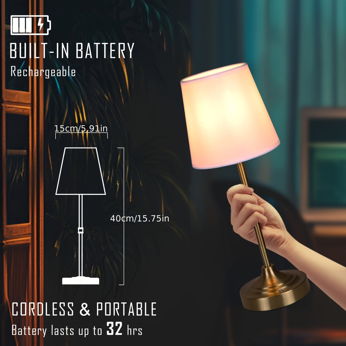 Cordless Rechargeable Table Lamp – Battery Powered Stepless Dimmable Touch Lamp for Bedroom, Dining Room, Kitchen & Office Decor