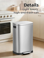 13-Gallon Stainless Steel Trash Can with Soft-Close Lid & Foot Pedal, Fingerprint-Resistant Kitchen Garbage Can with Removable Inner Bucket, Odor-Proof Touchless Waste Bin for Kitchen Bedroom Office – 2 Colors
