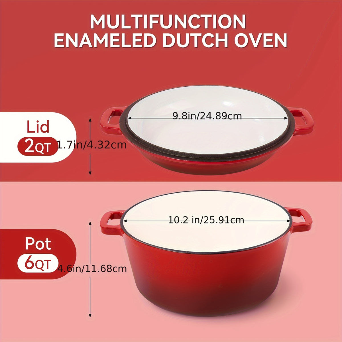 6 Quart 2-in-1 Enameled Cast Iron Dutch Oven and Casserole Nonstick Oven Safe 500°F Dual Handles All Stovetops Bread Baking Cooking Stewing