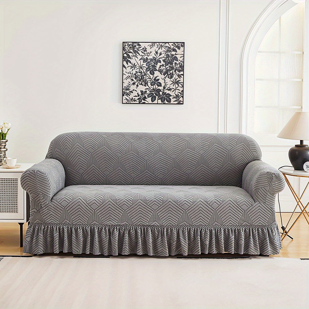 Jacquard Fleece Sofa Slipcover with Ruffle Skirt High Stretch Full Coverage Non-Slip Machine Washable Pet-Friendly Couch Cover 1 2 3 4 Seater Living Room Bedroom Office Grey