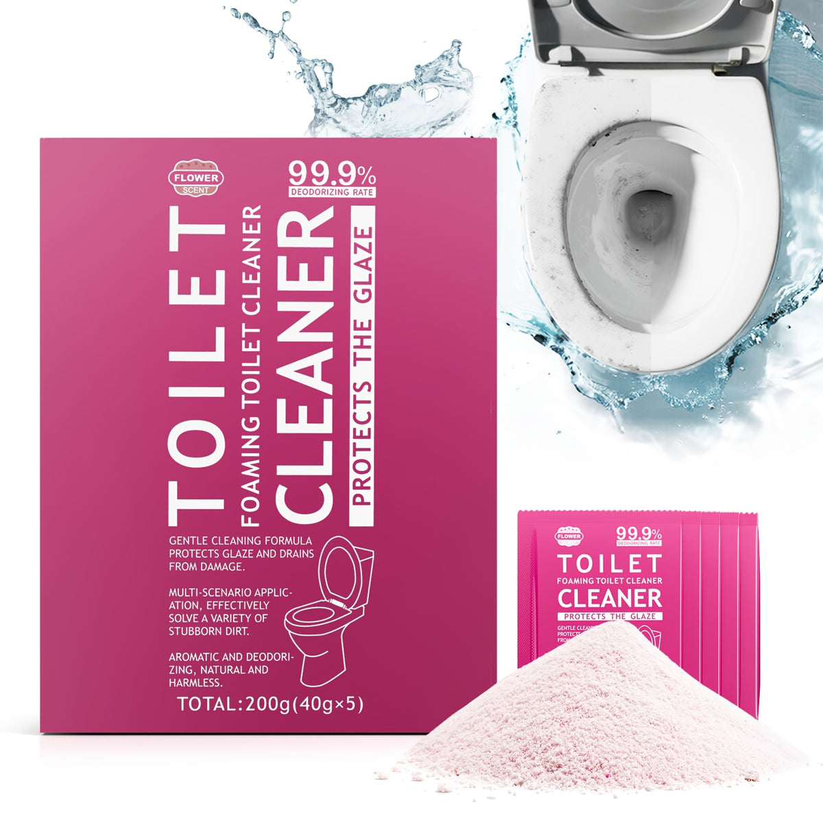 Foam Toilet Powder Cleaner 5 Pack – Fast-Acting Stain Remover, Drain Unclogger & Deodorizer for Toilets, Ocean & Floral Scent, No Harsh Chemicals, Travel & Home Use