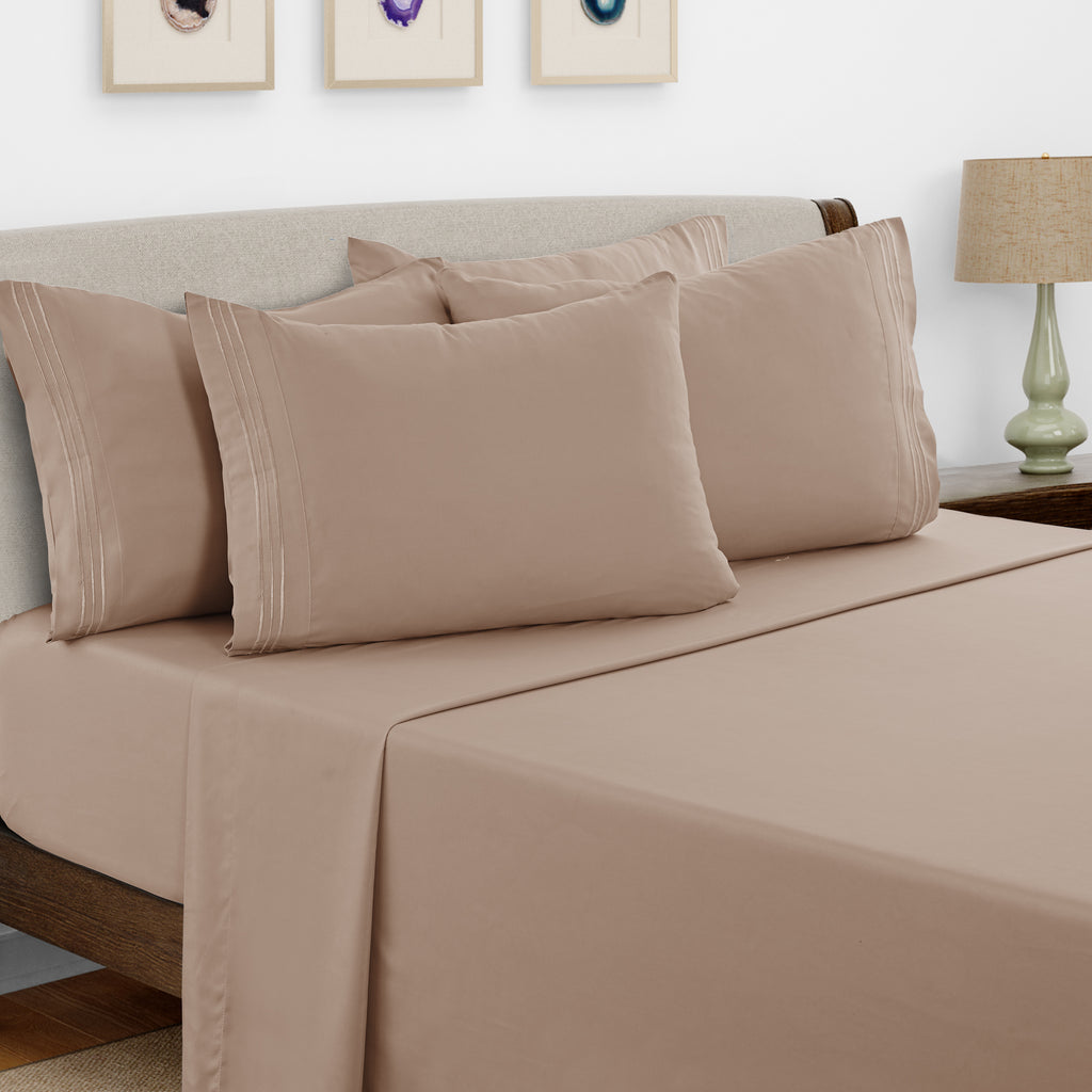 Brushed Microfiber Bed Sheet Set 6 Piece with Embroidered Pillowcases - Hotel Luxury Deep Pocket 16 Inch, Soft Breathable All Season, 24 Colors, Twin Twin XL Full Queen King Cal King