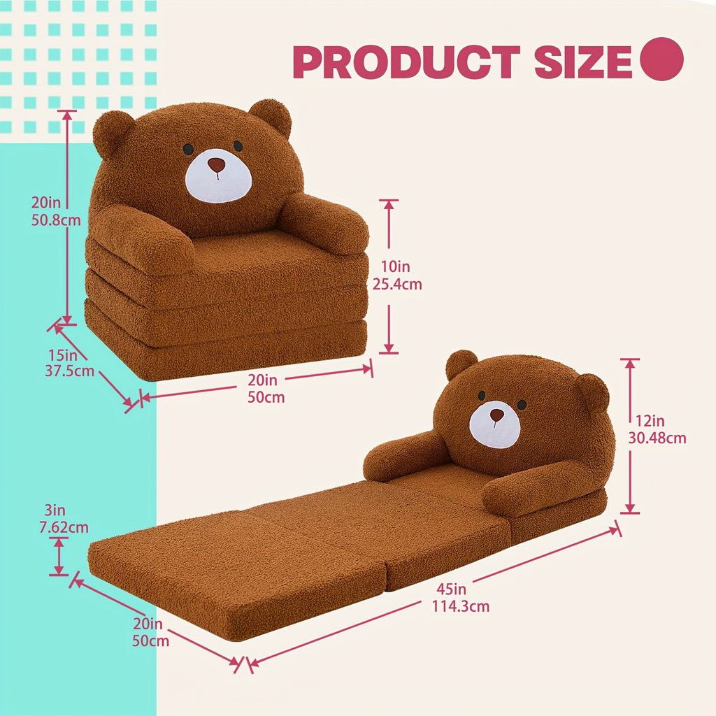 Animal Kids Foldable Sofa 2-in-1 Fold-Out Couch – Soft Polar Fleece High-Density Foam Lounger Chair for Playroom, Boys & Girls Room Decor, Cute Teddy Bear, Panda, Kitten & Milk Cow Styles