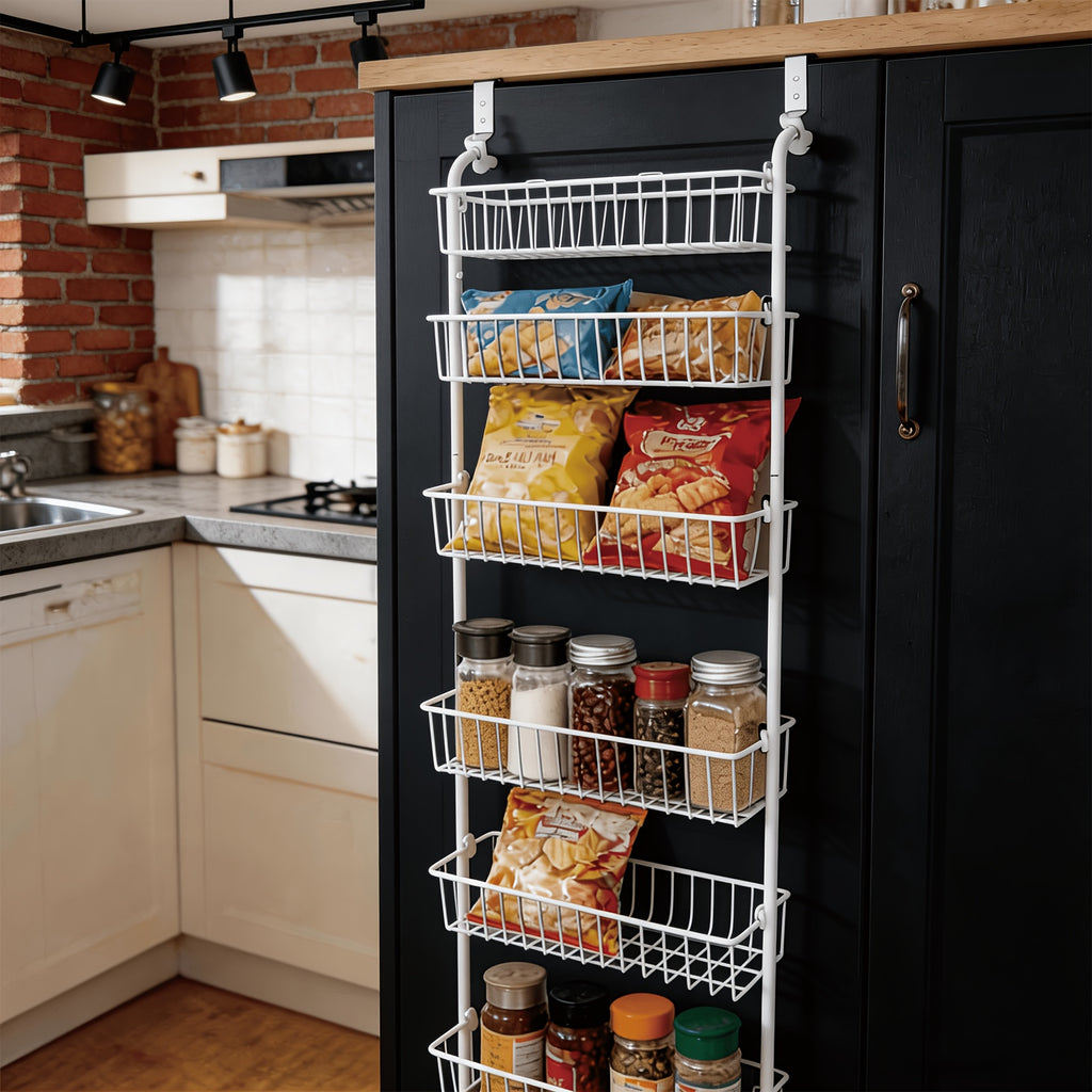 Door-Mounted Metal Storage Rack 6 or 8-Tier, Multi-Room Door-Hanging Organizer Shelf for Kitchen, Living Room, Bedroom, Laundry Room & Bathroom – Black or White
