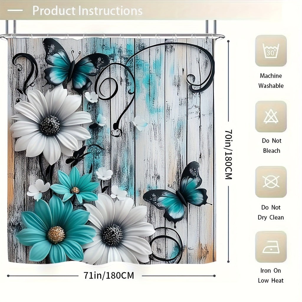 4pcs Floral Butterfly Shower Curtain Set Teal White with 12 Hooks Bath Rug - 2D Print Bathroom Decor Gift for Women Men Home Decoration | Nuvia Haven