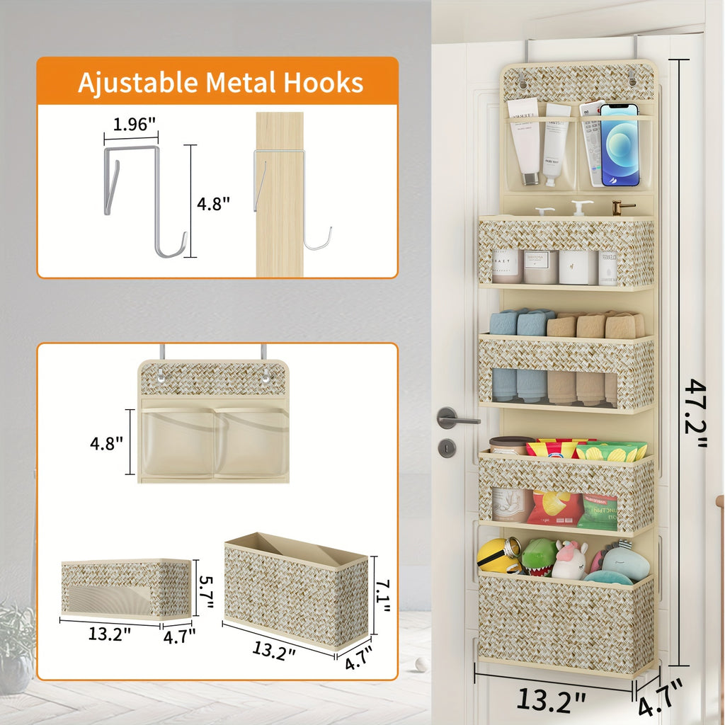 Over-The-Door Hanging Organizer – Set of 2, 5-Shelf with 4 Clear Plastic Pockets, Beige Utility Rack for Closet, Bedroom & Bathroom Storage