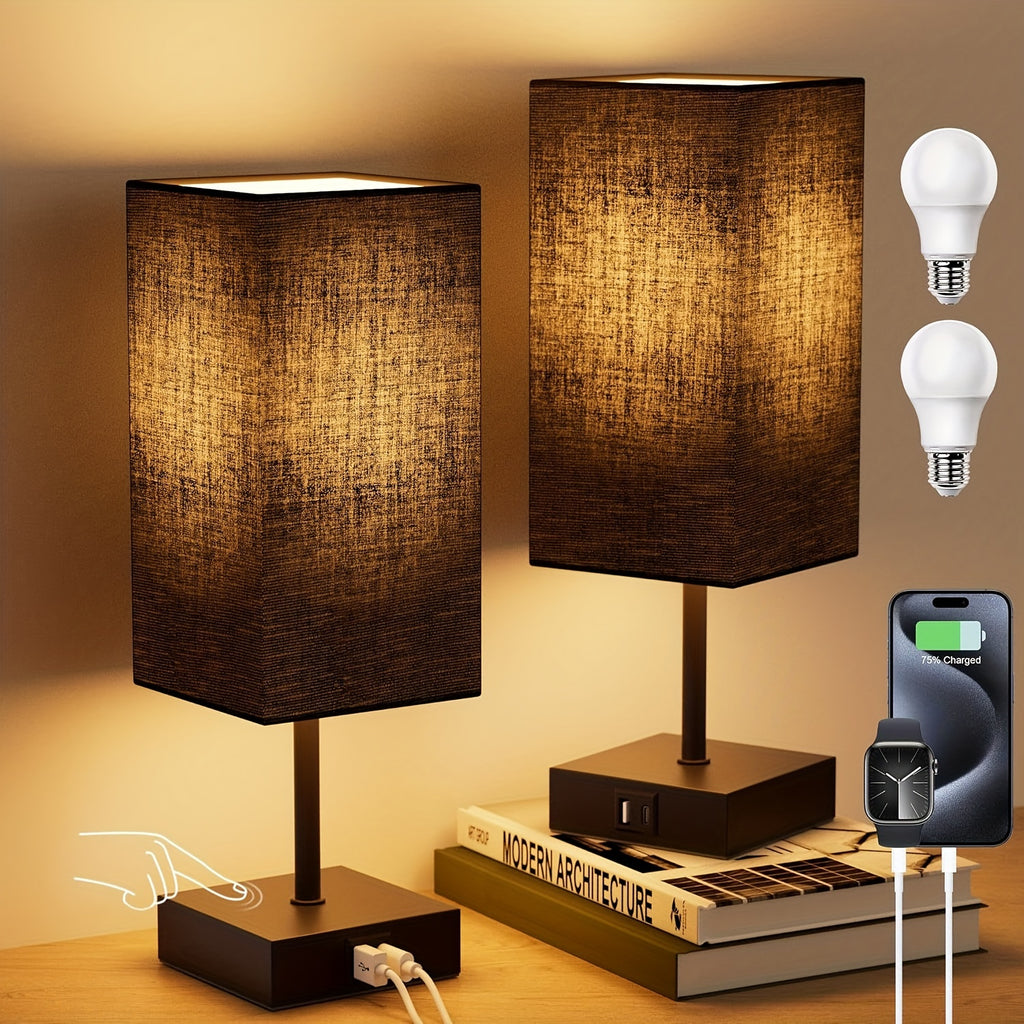 Bedside Lamps Set of 2 with 3-Way Dimmable Touch Control, USB-C & USB-A Charging Ports, LED Bulbs Included – Nightstand Lamps for Bedroom & Living Room