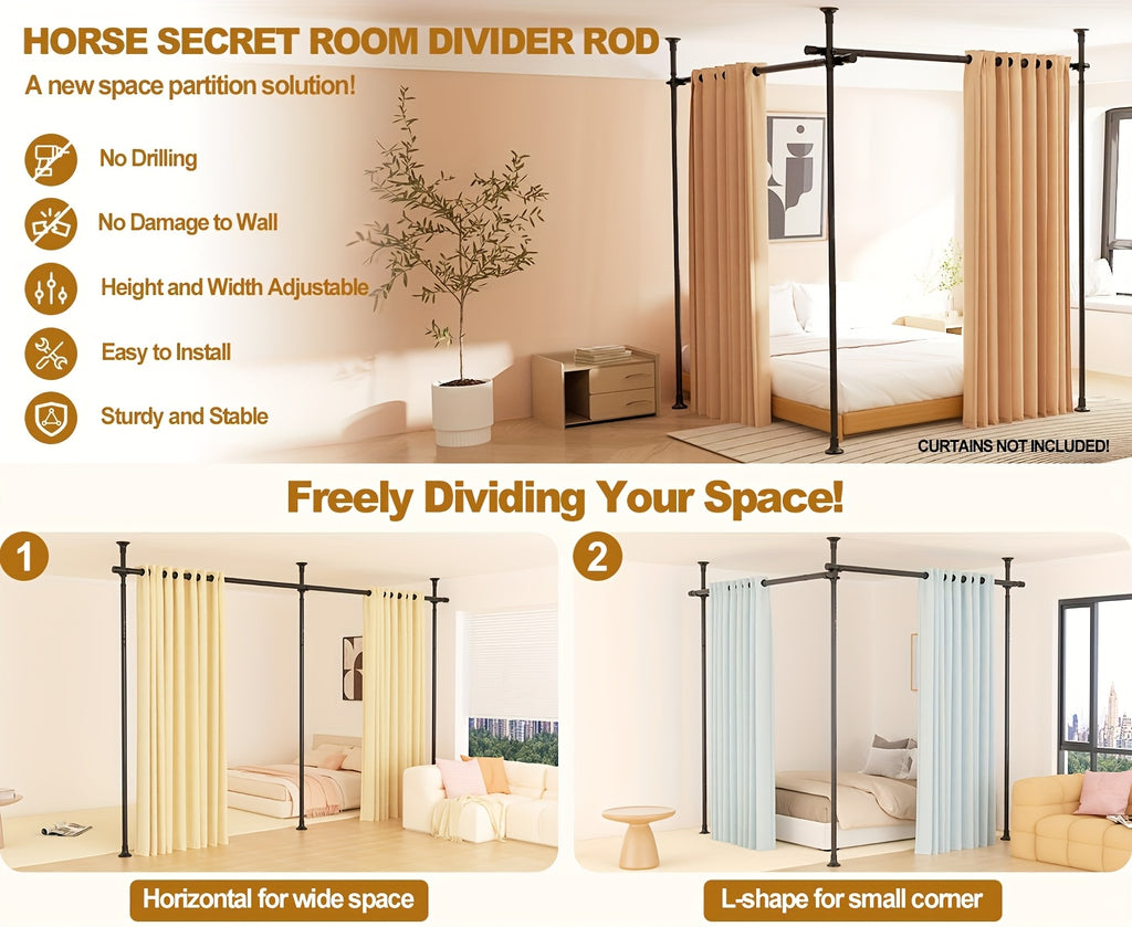 Floor to Ceiling Room Divider Rod No Drill Tension – Adjustable 4-10ft Tall 28-114" Wide Heavy Duty Curtain Partition Stand for Bedroom Studio Apartment, Matte Black White