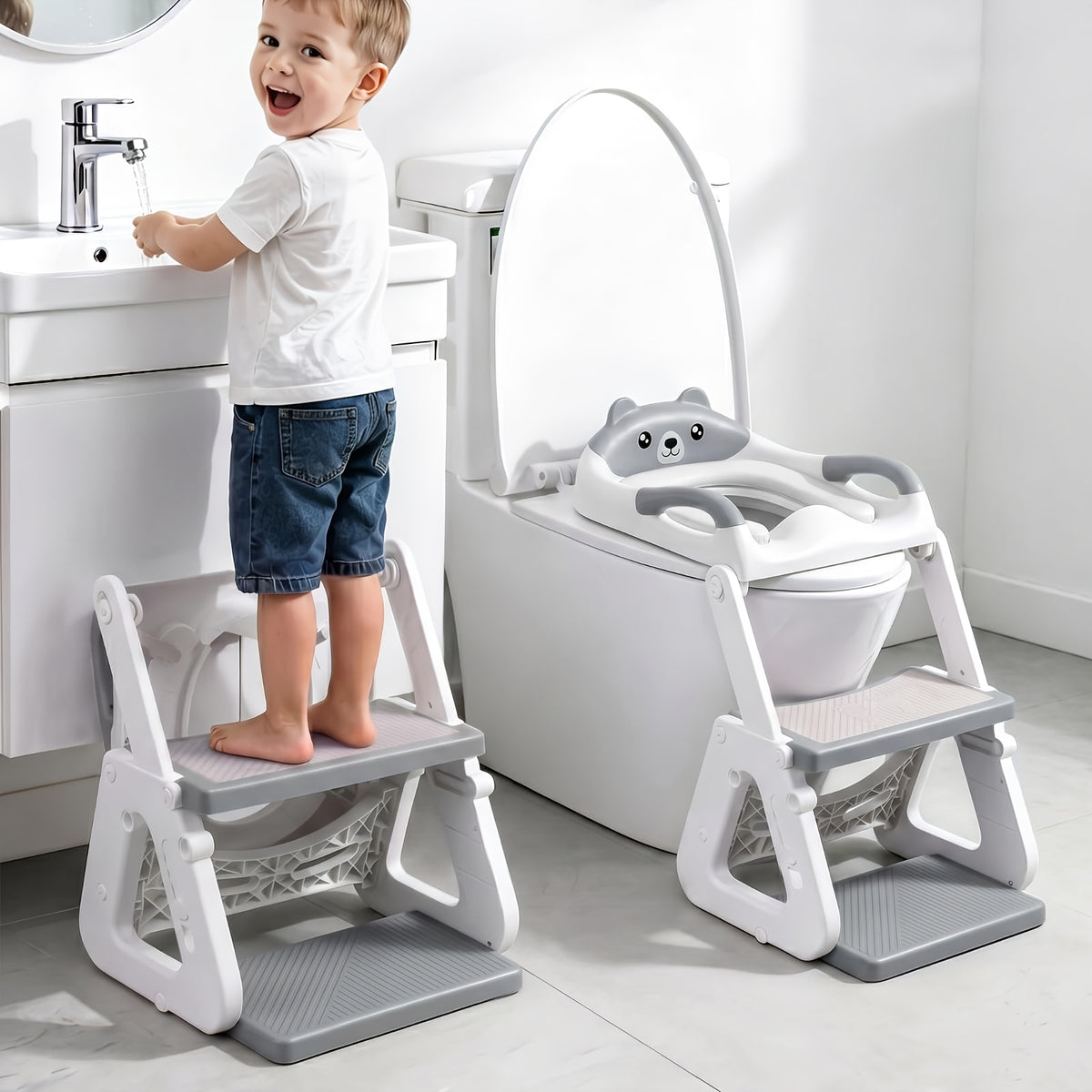 2-in-1 Potty Training Toilet Seat with Step Stool for Toddlers – Adjustable Height, Anti-Slip Pad & Splash Guard for Boys & Girls