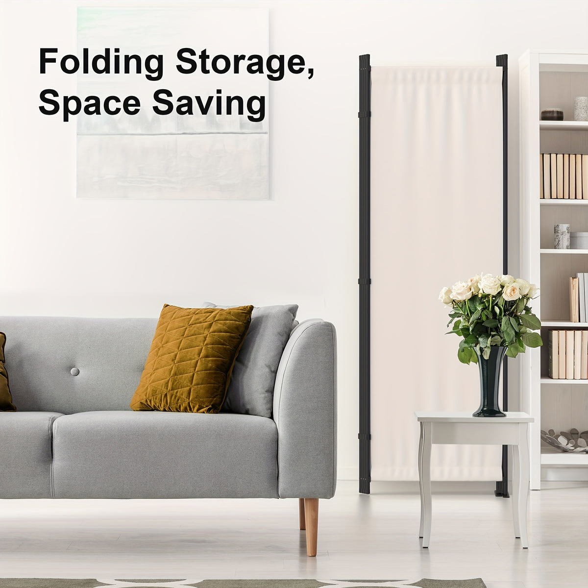 Room Divider 4 Panel Folding Privacy Screen – 67.5" Tall Cream Steel Frame Freestanding Partition for Bedroom Office Living Room