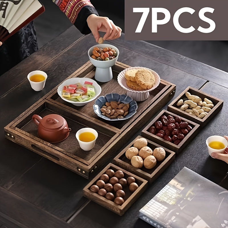 7-Piece Rustic Rectangular Serving Trays with Handles Vintage Elegance Tea Coffee Snack Fruit Dessert Tray Set for Kitchen Living Room