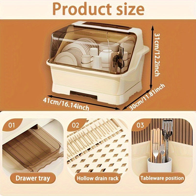 Covered Dish Organizer & Cutlery Holder with Drain Plate - Space-Saving Countertop Rack, Dust-Proof, Cream, Large & Extra Large