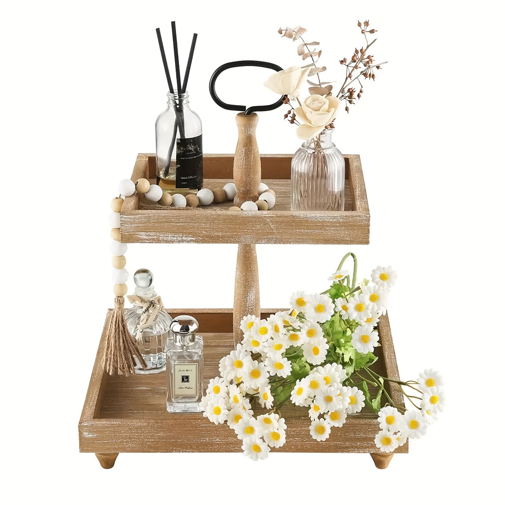 2-Tier Rustic Farmhouse Wooden Tray with Metal Handle Handmade Decorative Serving Tray Distressed Finish for Home Decor Kitchen Dining Halloween Christmas