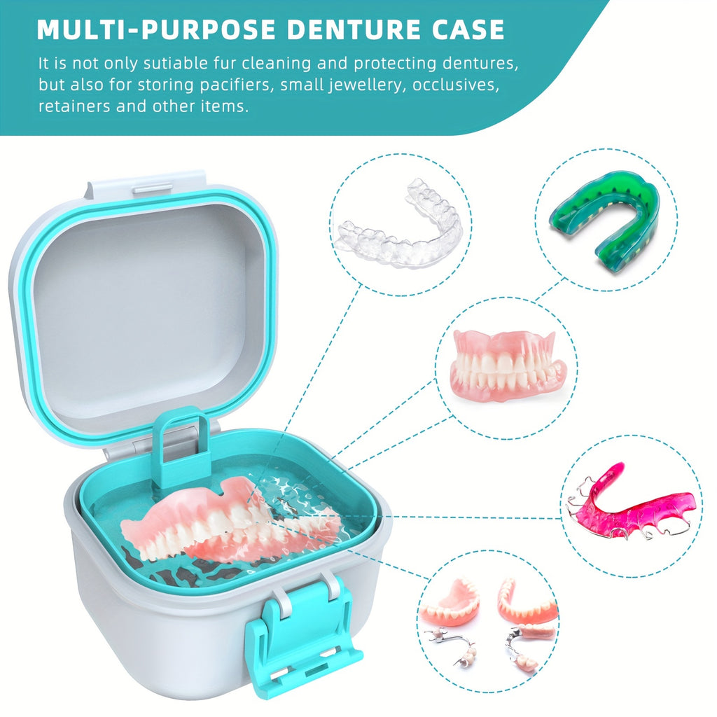 Denture Bath Case with Drainage Basket - Leak Proof Portable Travel Denture Soaking Cup Storage Container Silicone Ring Safety Buckle