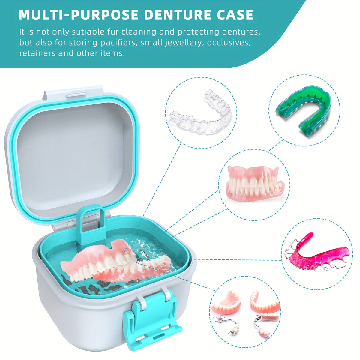 Denture Bath Case with Drainage Basket - Leak Proof Portable Travel Denture Soaking Cup Storage Container Silicone Ring Safety Buckle