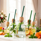 Mini Shot Glass Bottles 24pcs with Cork & Straw - 1.7oz 50ml Clear Glass Patron-Style Bottles with Ribbon, Reusable Party Favors for Wedding, Bridal Shower & Celebrations