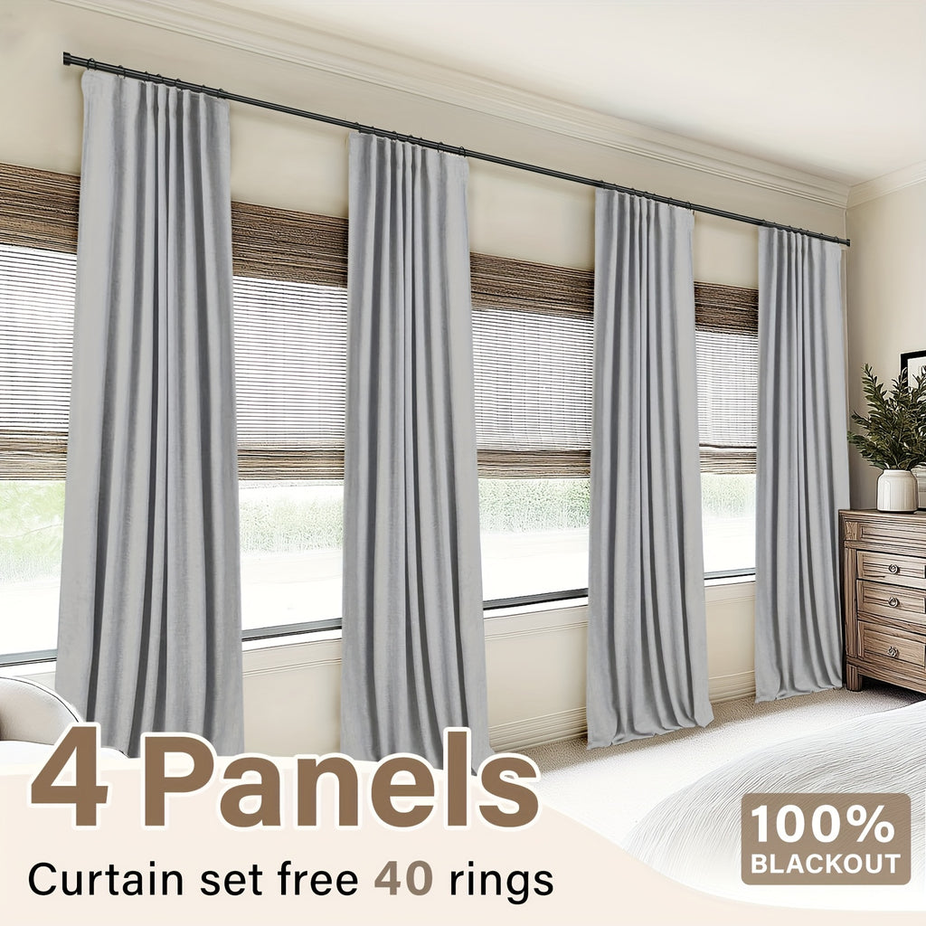 100% Blackout Faux Linen Curtains 4 Panels - Thermal Insulated Drapes with Clip Rings or Rod Pocket, Extra Wide 50" Panels for Bedroom Living Room, 10 Colors 4 Lengths