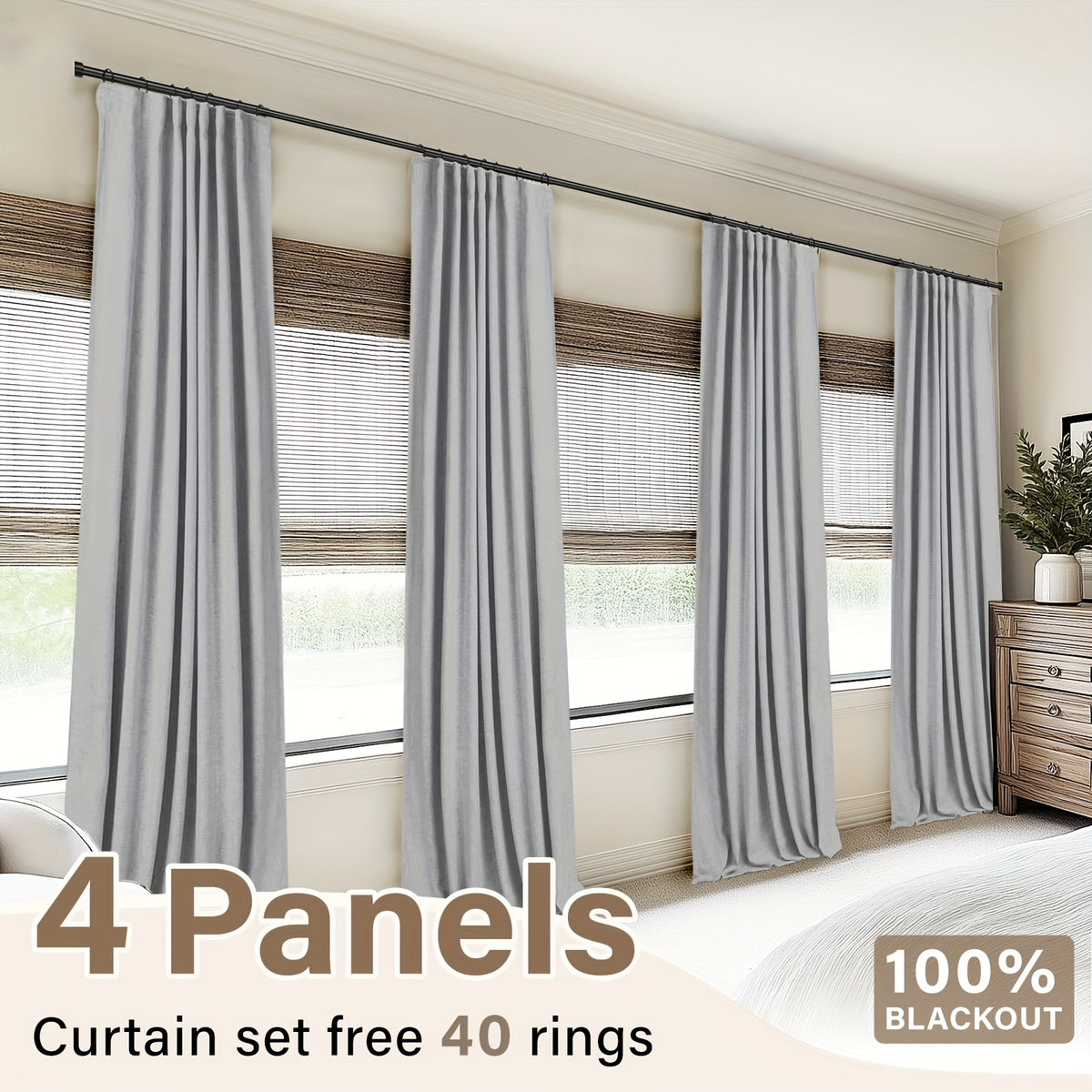 100% Blackout Faux Linen Curtains 4 Panels - Thermal Insulated Drapes with Clip Rings or Rod Pocket, Extra Wide 50" Panels for Bedroom Living Room, 10 Colors 4 Lengths