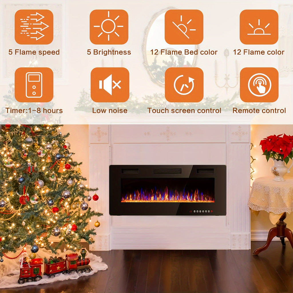 Vitesse Ultra-Thin Electric Fireplace In-Wall Recessed & Wall Mounted Linear Heater Multicolor Flame Timer 750W/1500W Touch Screen Remote Control