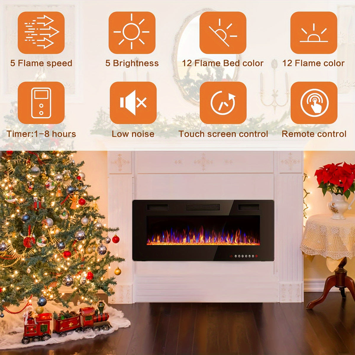 Vitesse Ultra-Thin Electric Fireplace In-Wall Recessed & Wall Mounted Linear Heater Multicolor Flame Timer 750W/1500W Touch Screen Remote Control