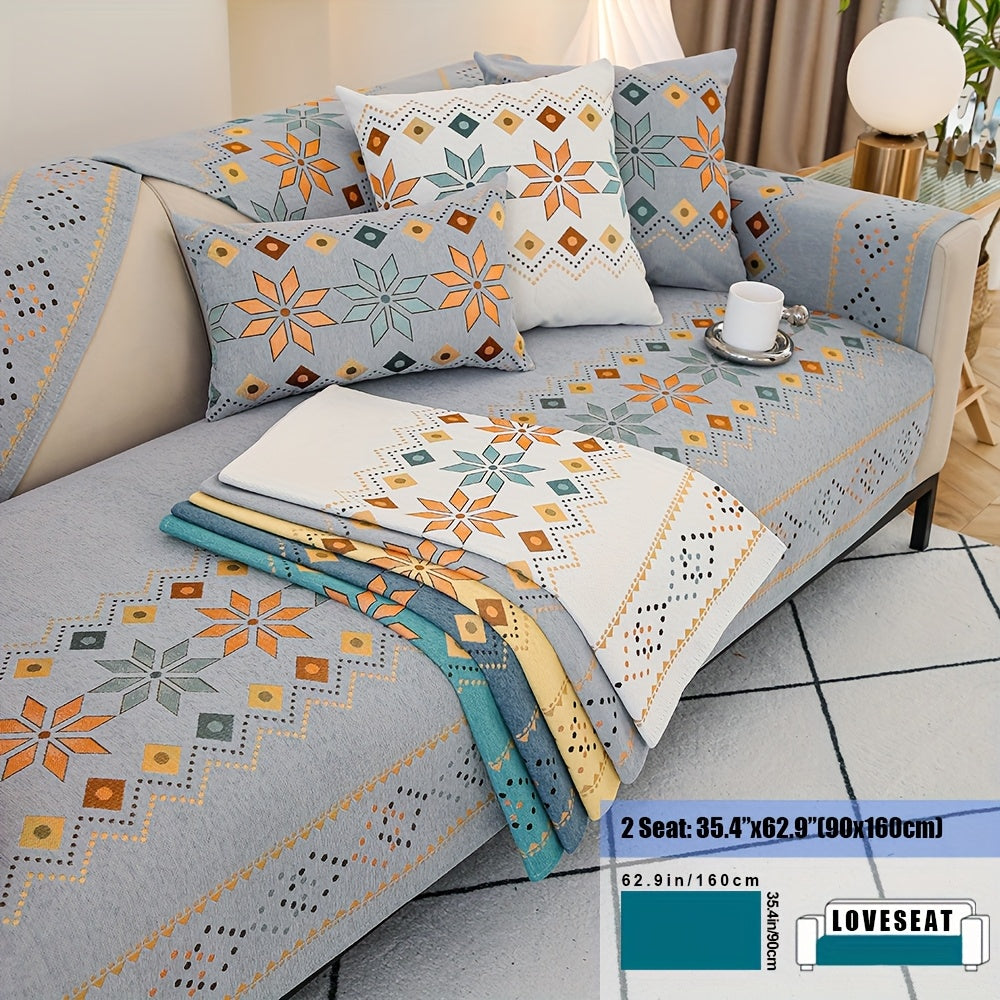 Embroidered Chenille Sofa Slipcover Bohemian Geometric Floral Pattern | Non-Slip Machine Washable Couch Cover for 1-2-3-4 Seater with Armrest & Pillow Cover Options, 6 Colors