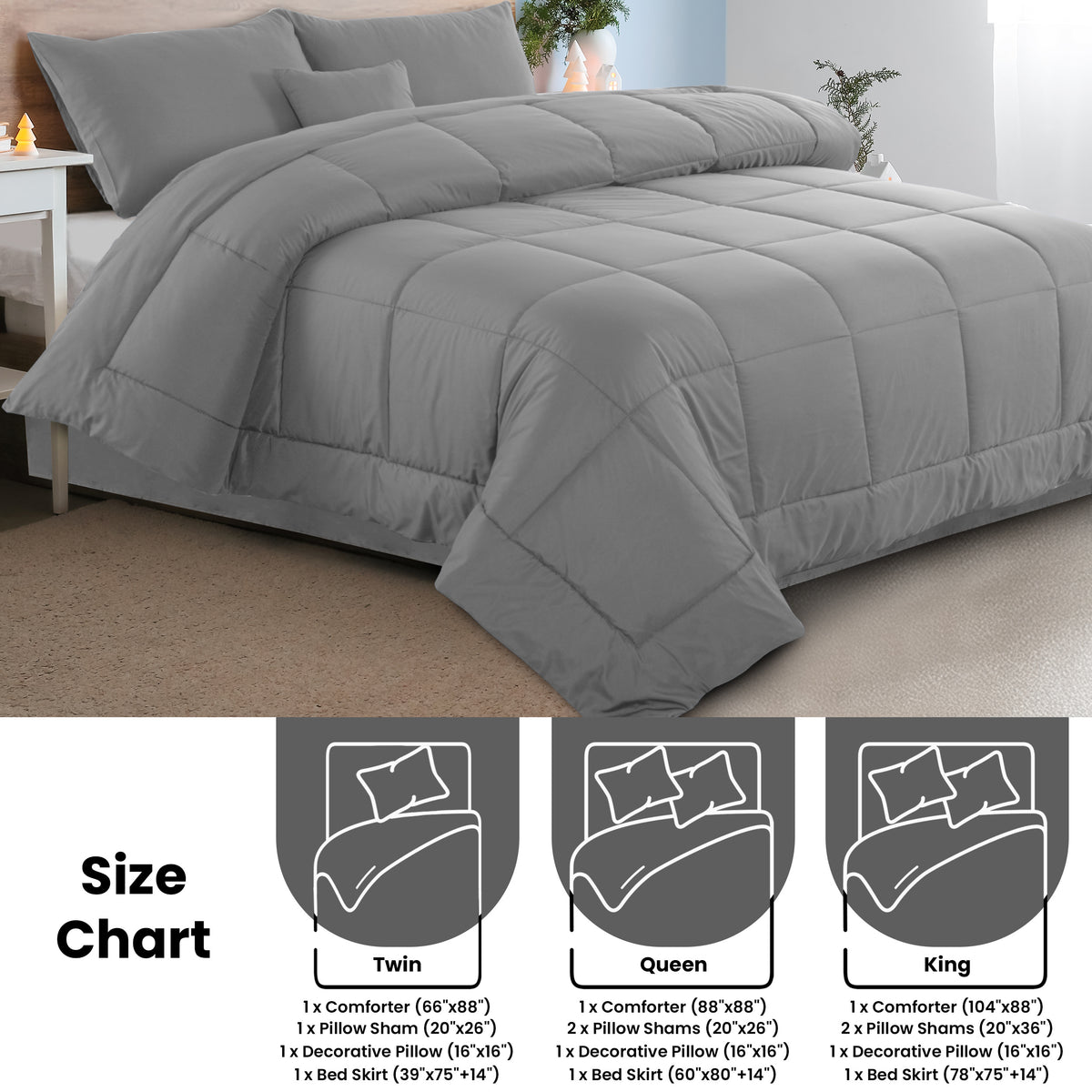 5-Piece Comforter Set – Reversible Quilted Down Alternative Bedding Set with Pillow Shams, Bed Skirt & Cushion | All Season | Twin, Queen, King