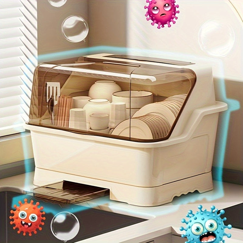 Covered Dish Organizer & Cutlery Holder with Drain Plate - Space-Saving Countertop Rack, Dust-Proof, Cream, Large & Extra Large
