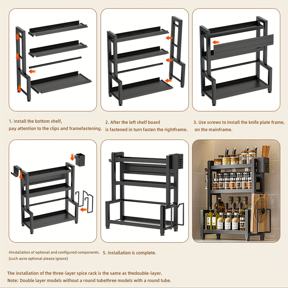 3-Tier Heavy-Duty Carbon Steel Kitchen Shelf Standing Storage Rack – Space-Saving Countertop Organizer for Spices, Knives, Utensils & Spoon Holder, Sturdy Multi-Tier Shelf for Small Kitchens