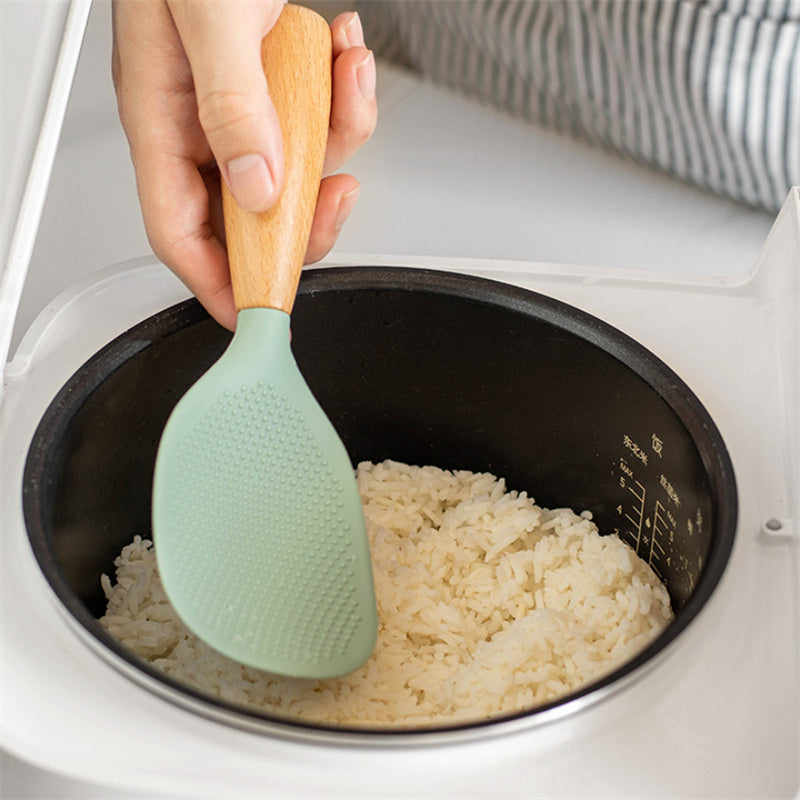 Silicone Rice Spoon with Wooden Handle 2 Pack Heat Resistant Standing Serving Spatula for Nonstick Pans Rice Cooker Grains Potato Orange White Green Gray Black