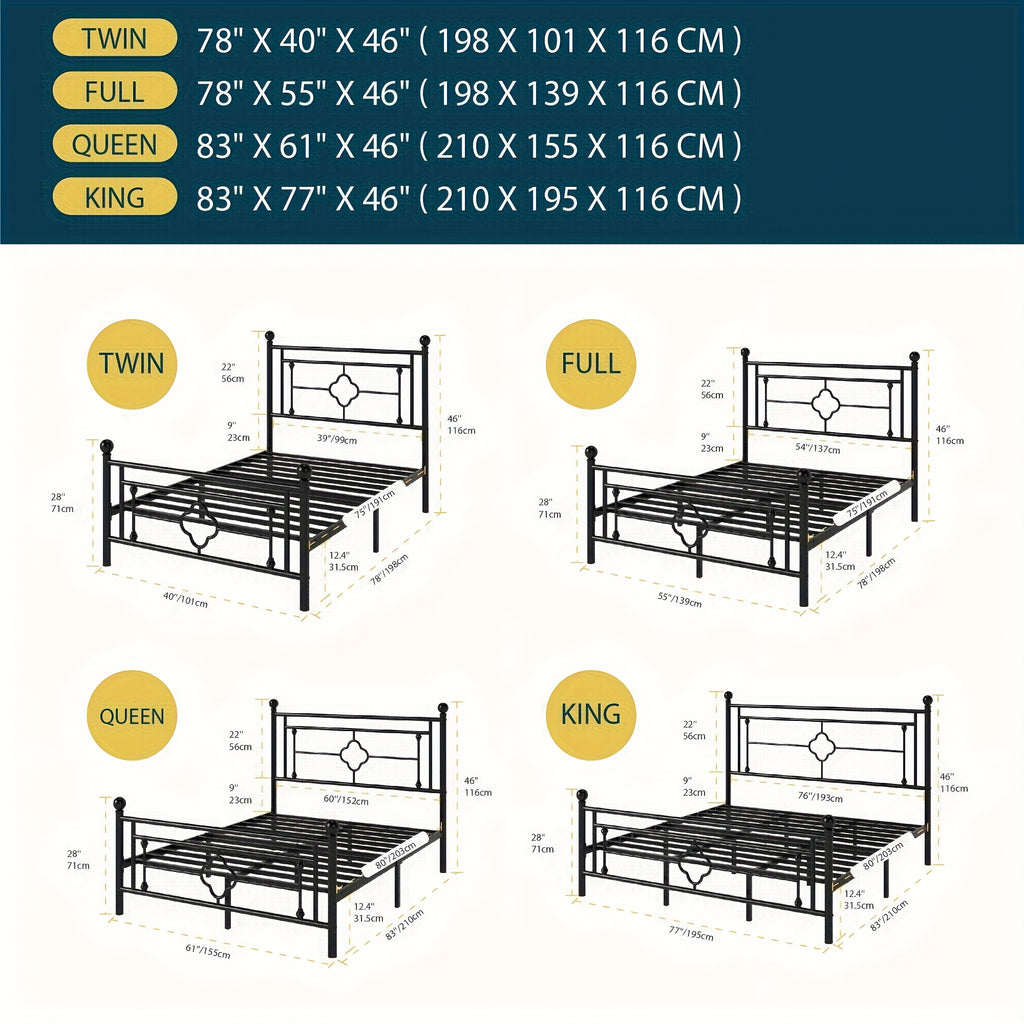Metal Platform Bed Frame with Vintage Iron Art Headboard Footboard No Box Spring Needed Under Bed Storage Twin Full Queen King Black White Pink Gold
