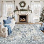 Vintage Retro Area Rug – Machine Washable Non-Slip Low Pile Chenille Print Carpet for Living Room, Bedroom, Dining Room & Home Office, Blue, Multiple Sizes