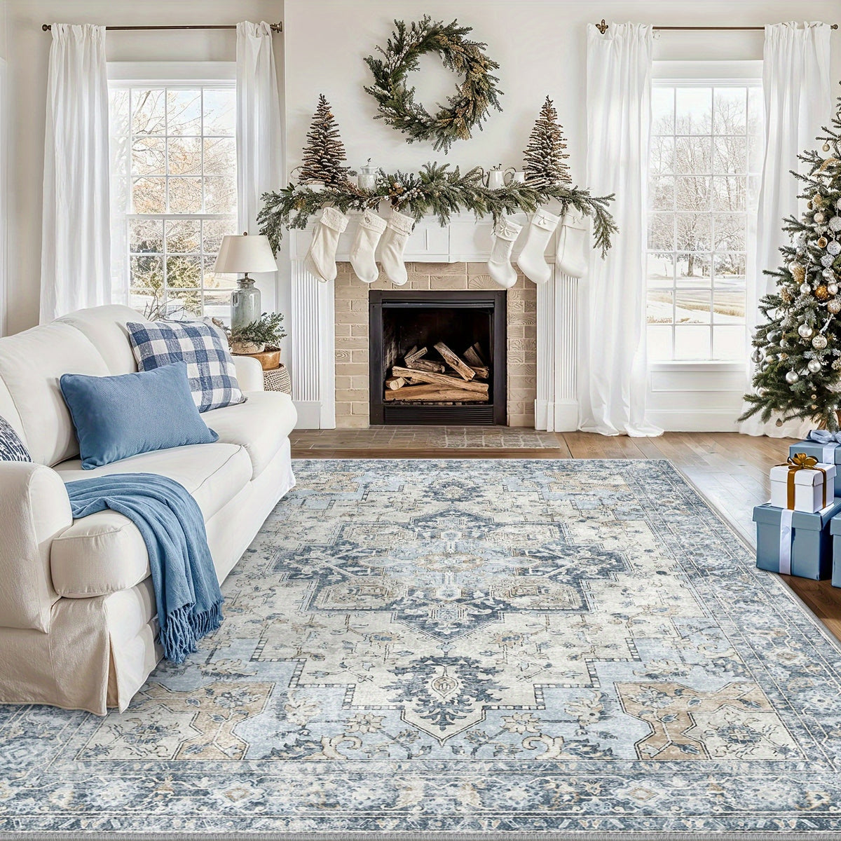Vintage Retro Area Rug – Machine Washable Non-Slip Low Pile Chenille Print Carpet for Living Room, Bedroom, Dining Room & Home Office, Blue, Multiple Sizes