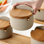 Ceramic Seasoning Pot Set with Tray Lid and Spoon Salt Pepper Spice Jars Kitchen Condiment Containers for Countertop Storage Set of 2 or 3